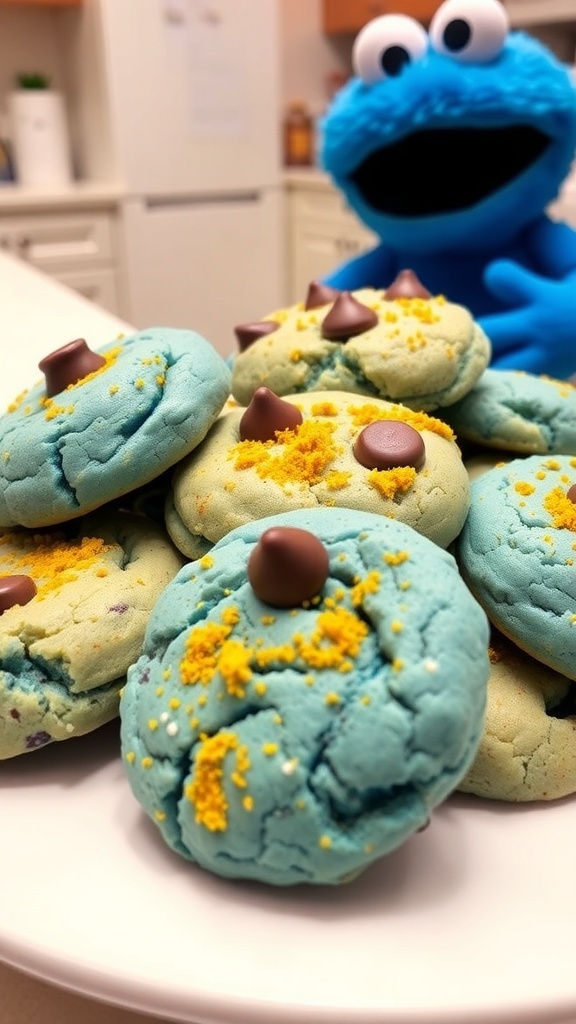 A plate of unique curry cookies with chocolate chips, inspired by Cookie Monster, in a bright kitchen.